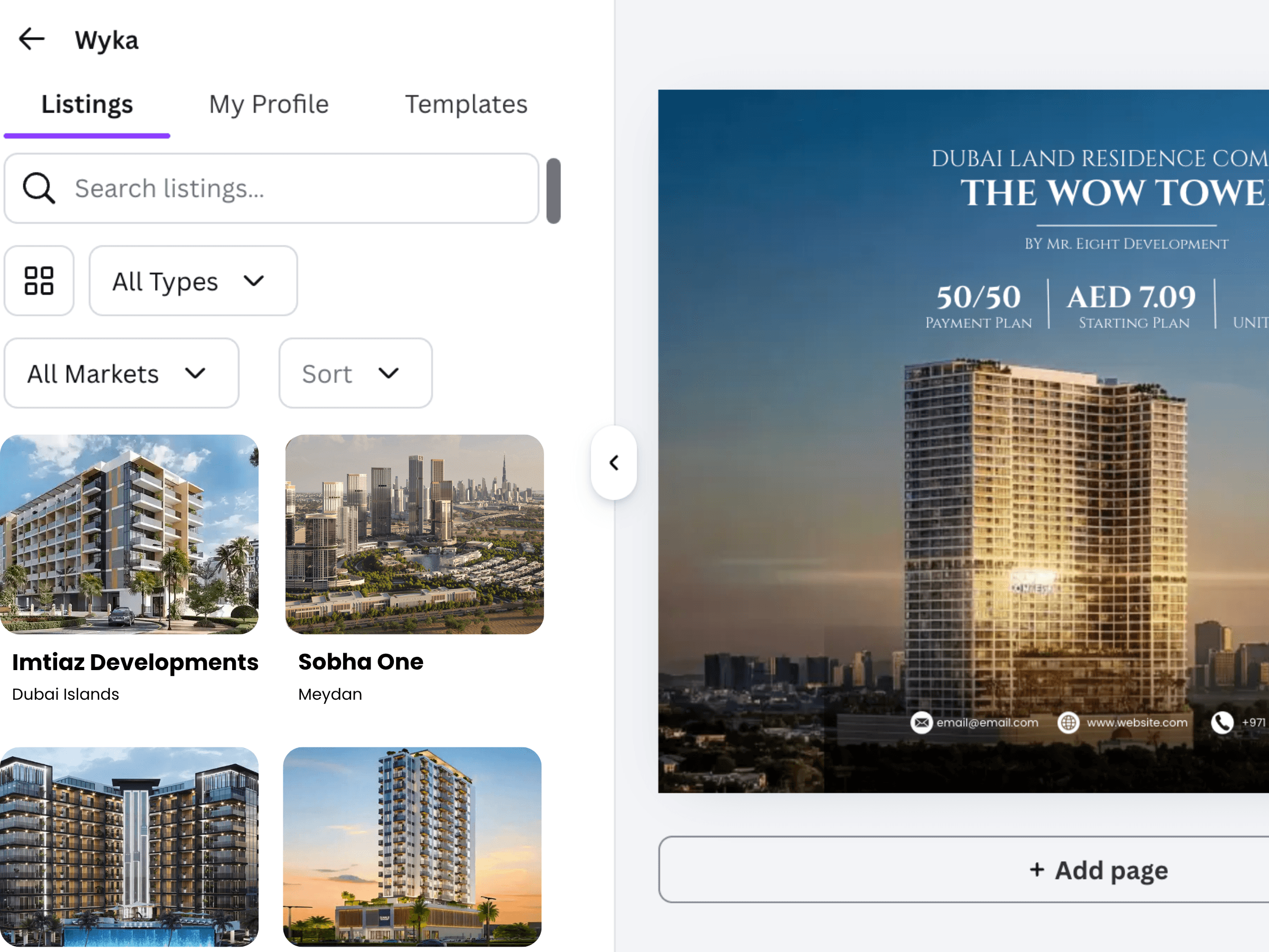 A Dubai listing dropped into a Wyka template inside Canva — price, beds and photos filled in automatically.